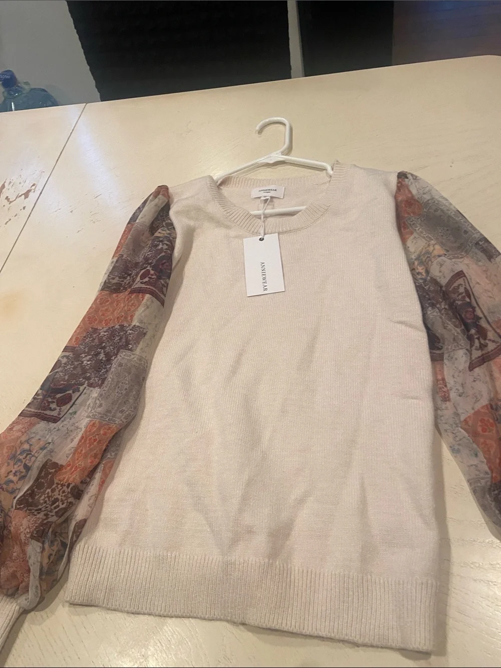 Annie Cream Sweater with Patterned Sheer Patchwork Sleeves